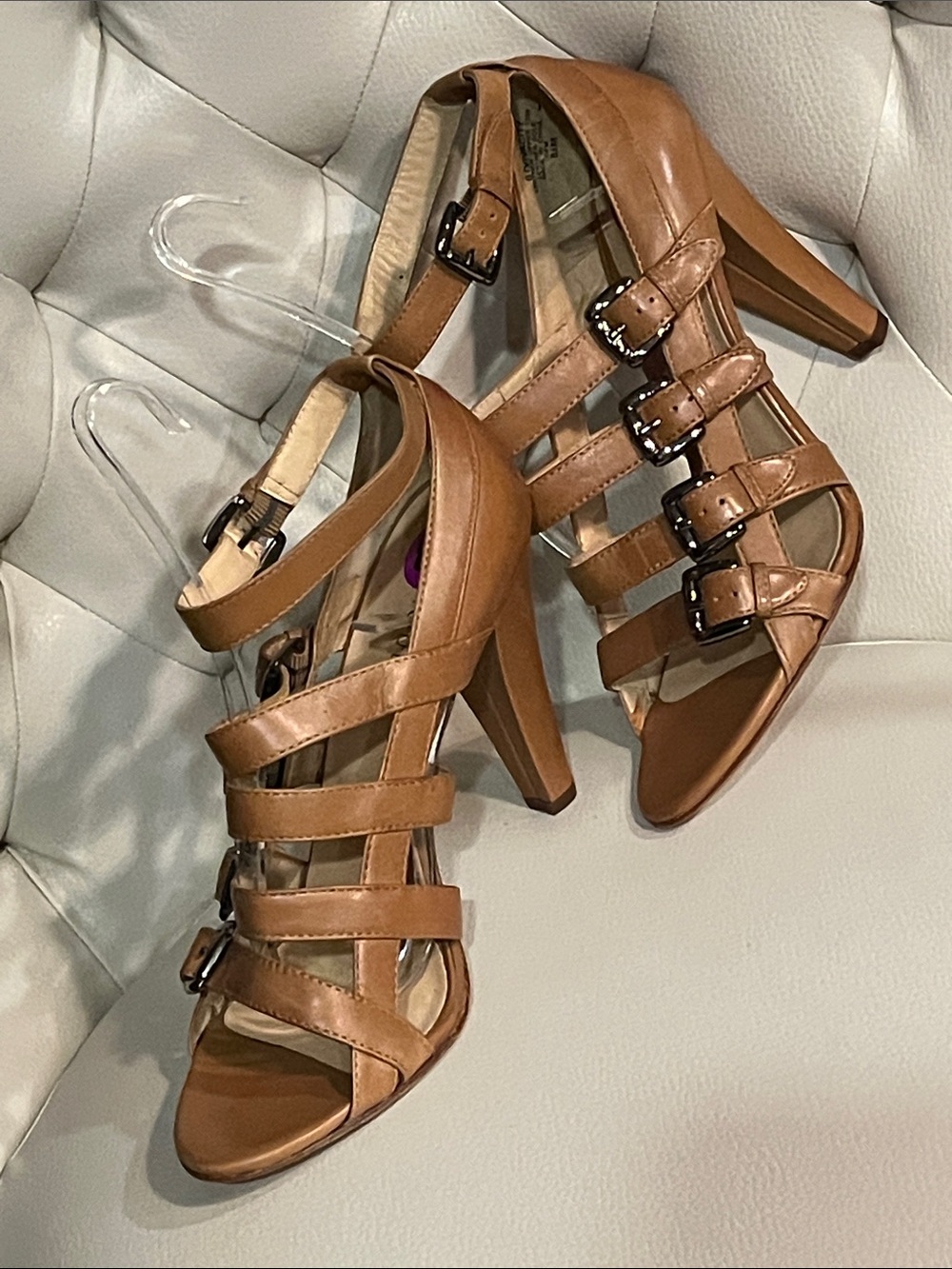 Boutique 9 Tan Strappy Buckle High Heel Sandals